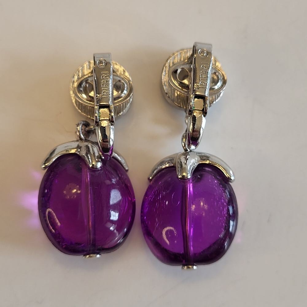 VTG Crown Trifari Silvertone Purple Lucite Dangle Clip On Earrings Waterfall 60s - Picture 9 of 15